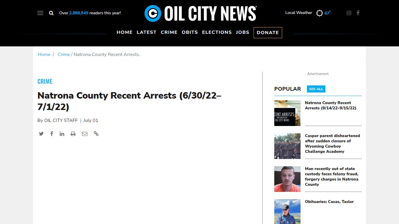 Natrona County Recent Arrests (6/30/22–7/1/22) - Oil City News